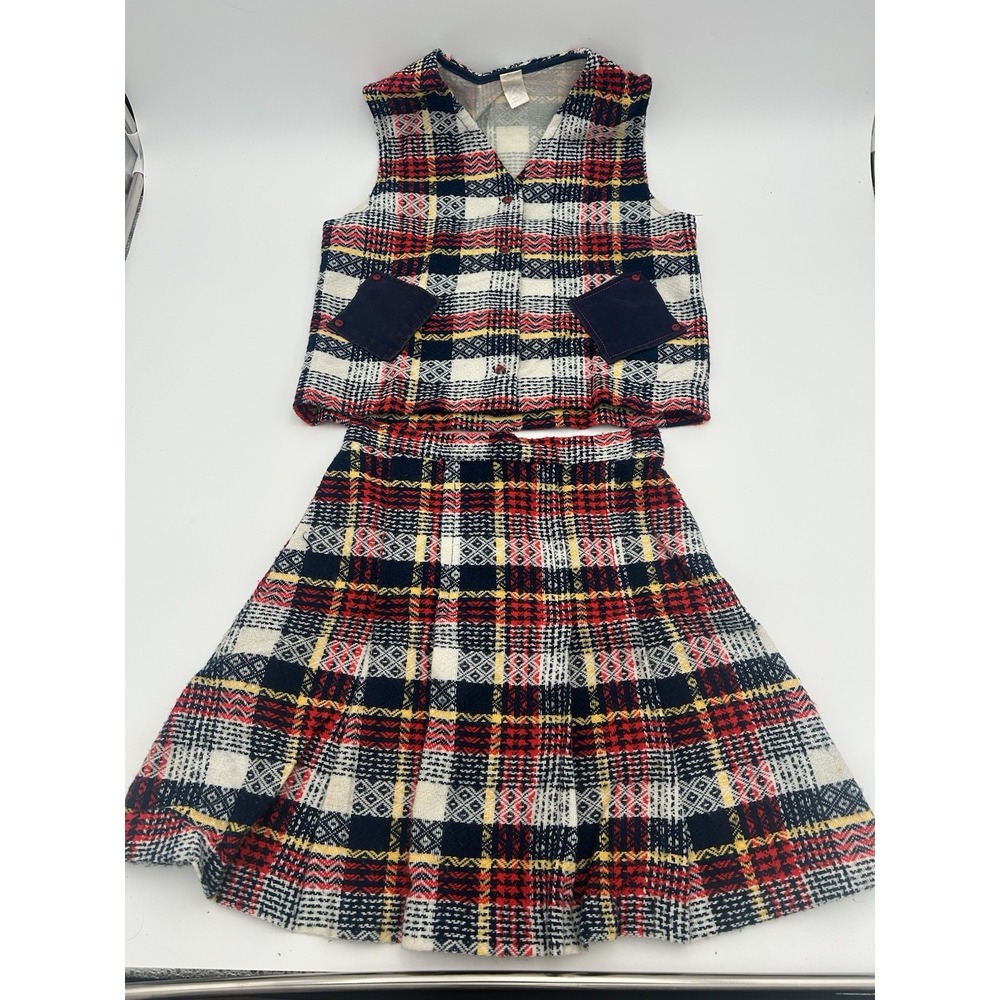 VTG Retro 1960's Stones‎ Wear 2pc Plaid Mini Skirt Vest Girls Sz 12 Schoolgirl